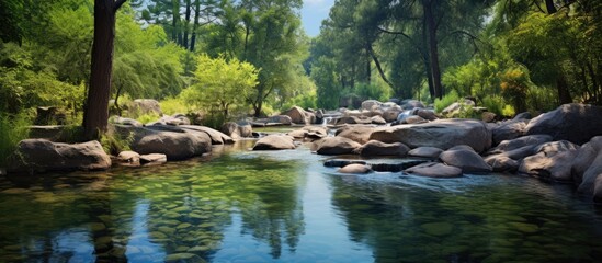 Canvas Print - Scenic view of a tranquil blue stream adorned with rocks and lush green trees in a lovely garden setting within a public park area with copy space image