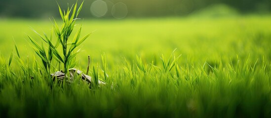 Sticker - In rural settings rice farmers grow seedlings in lush green rice fields signifying their main occupation with a copy space image