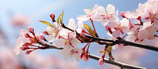 A close up photo of tree blooms unfolding on the first day of spring showcasing a fresh start and potential growth with copy space image