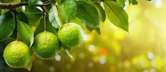 Poster - Ripe bergamot fruits hanging from a tree with a green textured peel and available for use in a copy space image