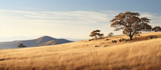 Sticker - Serene hillside with dry grass and scattered trees in the sunlight featuring copy space image