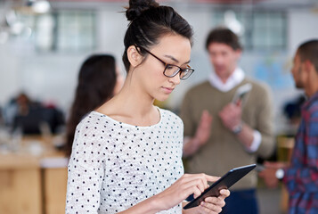 Aufkleber - Woman, tablet and creative office working for agency, coworking workplace and online or startup business website. Review, planning and app for social networking and job, browse and typing information