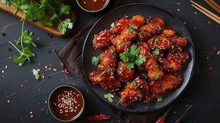 Wall Mural - An overhead view of a meticulously plated serving of spicy Korean fried chicken tenders, adorned with a generous drizzle of chili sauce, set against a backdrop of rustic kitchen utensils and herbs