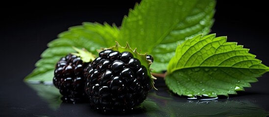 Wall Mural - Blackberry on dark background with green leaf ideal for copy space image