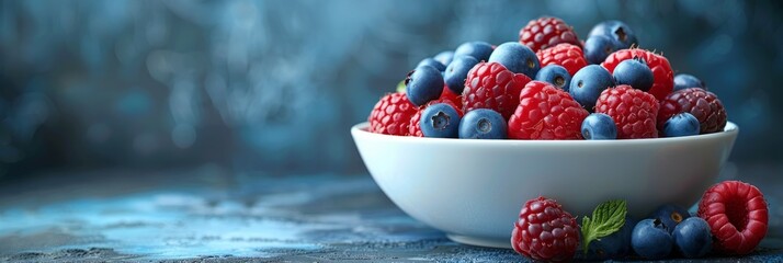 A white bowl holds a mixture of raspberries and blueberries