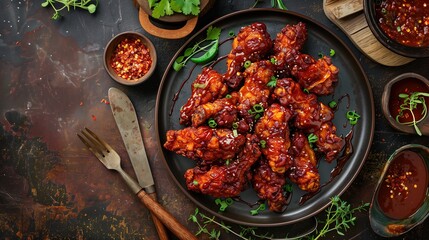 Wall Mural - An overhead view of a meticulously plated serving of spicy Korean fried chicken tenders, adorned with a generous drizzle of chili sauce, set against a backdrop of rustic kitchen utensils and herbs