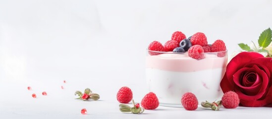 Canvas Print - Yogurt and berry dessert with gelatin garnished with raw raspberries and a red rose on a white backdrop a fresh healthy treat with a copy space image