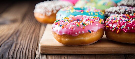 Poster - Donuts with glaze and sprinkles displayed on a wooden table with a blurred background emphasizing a party food theme with room for text in the image. Copy space image