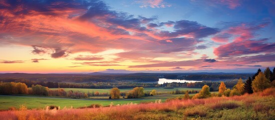 Wall Mural - Scenic views of tranquil countryside stunning fall scenery and colorful sunset hues. Copy space image. Place for adding text and design