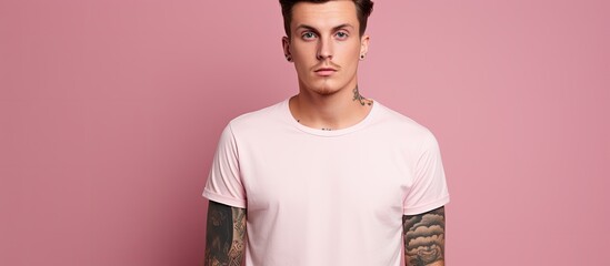 A serious young man with a tattoo is standing over a pink background wearing a t shirt and looking natural and simple at the camera with a copy space image