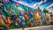 © rattinan - An expansive full-wall mural depicting a surreal scene of fantasy creatures and abstract shapes, transforming an ordinary street into a whimsical wonderland