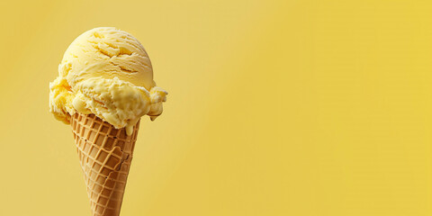 yellow ice cream with waffle cone isolated on a yellow background, mango, banana, lemon, pineapple ice cream, copy space