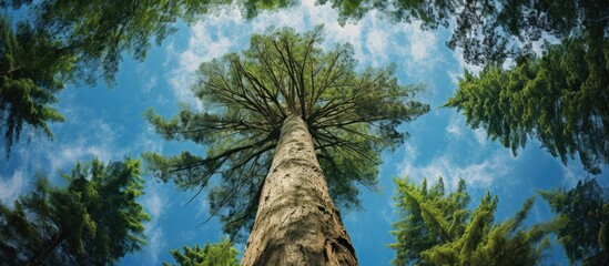 Sticker - view from the ground of a tall cypress tree with ample copy space image
