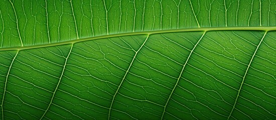 Poster - detailed close up photo of a plumeria leaf showcasing its intricate vein pattern with ample copy spa