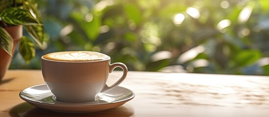 Canvas Print - Fresh cappuccino in a summer cafe setting with space for adding an image. Copy space image. Place for adding text and design