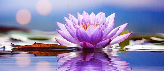 A gorgeous violet flower reflecting on water s surface for concept design with a copy space image of a water lily flower on a natural background