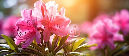 Wall Mural - Vibrant pink rhododendron with bright sunlight highlighting its details captured in a macro close up shot with copy space image