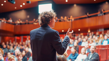 Poster - A speaker presenting to an audience in an auditorium, photo with a focus on engagement and public speaking. Generative AI