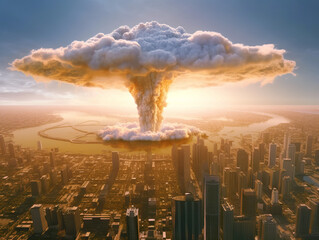 Poster - A massive explosion over a cityscape at sunset, with a dramatic sky background, depicting a cataclysmic event. Generative AI