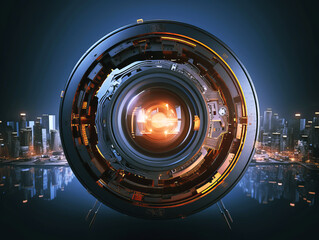 Poster - Futuristic portal device over a cityscape background, night-time urban scene, concept of technology and innovation. Generative AI