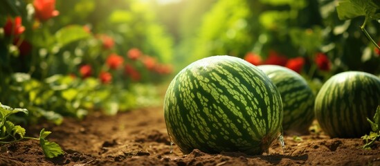 Poster - Watermelon in the garden during autumn s harvest season with a selective focus on the fruit creating a visually appealing image with copy space