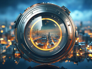 Poster - Futuristic cityscape viewed through a high-tech circular interface, set against a twilight sky, concept of technology advancement. Generative AI