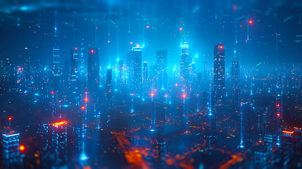 Poster - A futuristic cityscape with glowing lights and skyscrapers on a dark background, concept of a cyberpunk metropolis. Generative AI