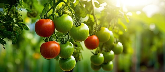 Poster - Green tomatoes ripening off the plant in a greenhouse with ecological agriculture practices showcasing a vibrant scene with a copy space image