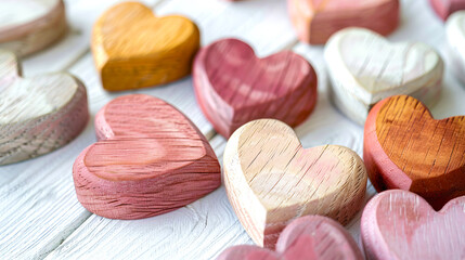 Aufkleber - Multiple wooden hearts painted in various colors on a white wooden background, representing love and affection. Generative AI