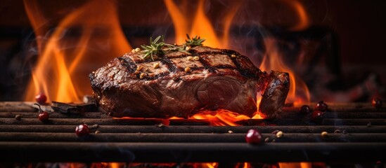 Sticker - Roasted meat is cooking on a grill surrounded by flames creating a sizzling effect with a beautifully presented dish against a copy space image