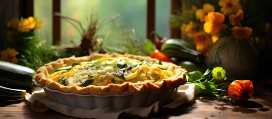 Sticker - Delicious homemade pie featuring fresh vegetables and zucchini flowers with a beautiful background perfect for your copy space image