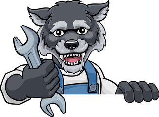 Canvas Print - Wolf Plumber Or Mechanic Holding Spanner