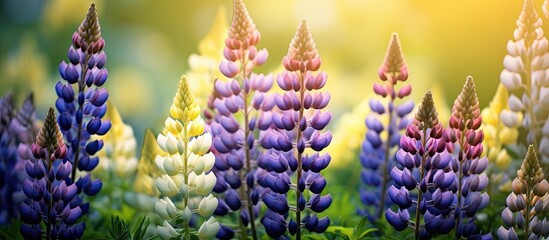 Canvas Print - Lupines creating a vibrant display with purple and yellow flowers set against a greenish background providing a picturesque copy space image