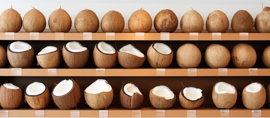 Wall Mural - Coconuts display readiness for purchase in a compact store with a copy space image