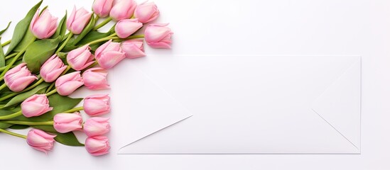 Wall Mural - Top view of pink rose buds and a white envelope on a white background providing copy space image