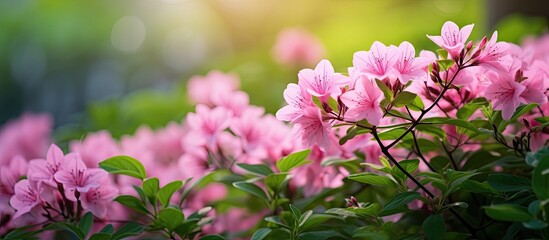 Canvas Print - Small pink flowers and green leaves creating a charming natural scene with copy space image