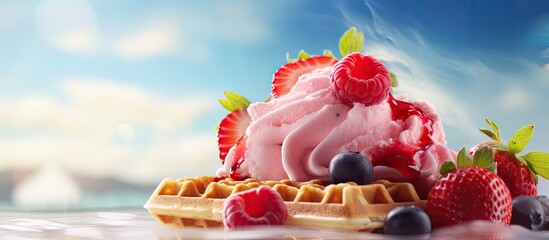 Poster - A serving of mixed fruit and strawberry ice cream atop a waffle with a blurred background perfect for a copy space image