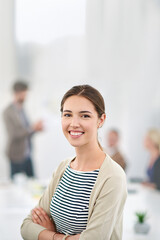 Poster - Businesswoman, portrait and coworking office for creative job, happy employee and company goals with vision for growth. People, workplace and business meeting, project manager and female person