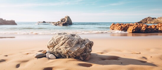 Wall Mural - Rocks delicately perched on the sandy shore with a picturesque copy space image