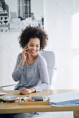 Aufkleber - Business woman, phone call and conversation for discussion, happy and meeting or planning for startup. Entrepreneur, person and smartphone for networking, communication and deal proposal with smile