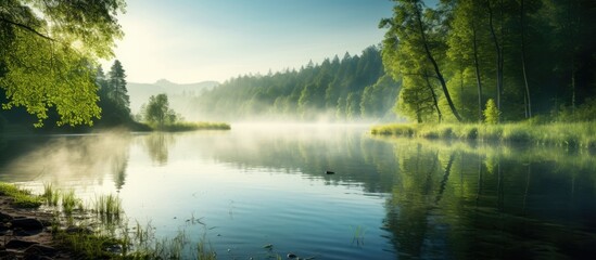 Wall Mural - A serene morning scene with lush greenery reflecting in a tranquil forest lake creating a peaceful summer atmosphere for the copy space image