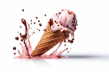 Waffle corn of fresh natural homemade sweet ice-cream with pink and dark chocolate splash against white background. 