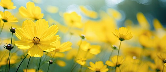 Canvas Print - Bright yellow cosmos flowers blooming in a vibrant garden with a picturesque copy space image