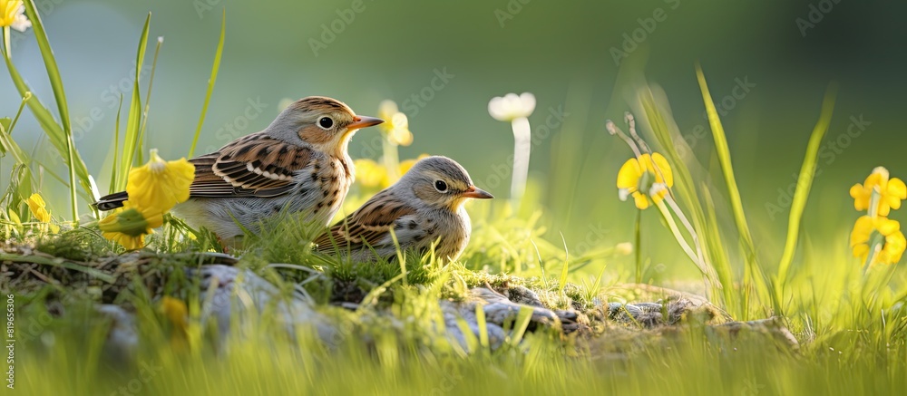 Two fieldfare chicks Turdus pilaris have ventured out of their nest and ...