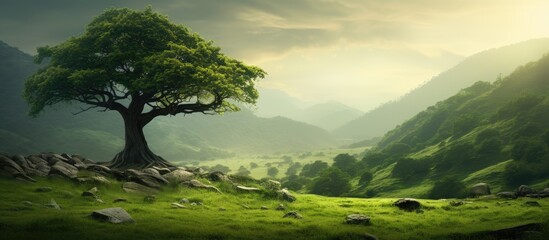 Sticker - a lone tree stands amidst lush greenery in a botanical setting with copy space image