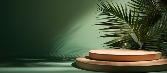 Poster - Empty wooden podium on a green backdrop decorated with palm leaves and shadows designed for showcasing cosmetic product packaging in a copy space image