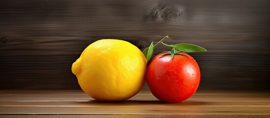 Wall Mural - Red tomato and lemon arranged on a wooden table with a blank space for adding text or images. Copy space image. Place for adding text and design