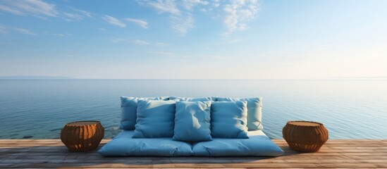 Canvas Print - Scenic seaside view featuring a wooden dock and large cushions perfect for relaxation. Copy space image. Place for adding text and design