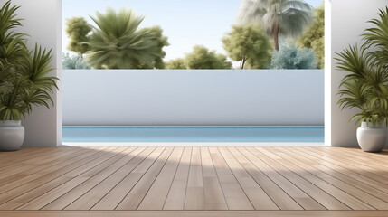 Wall Mural - wooden deck with a pool and a wall of trees in the background