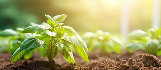 Canvas Print - Close up selective focus of a potato bush in the spring in the vegetable garden of a homestead farm with a copy space image